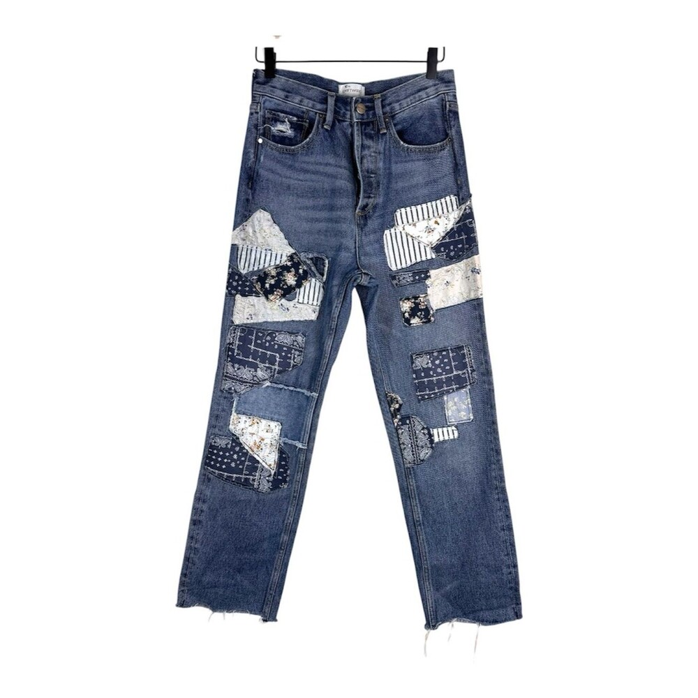 Free People x Driftwood Jordie Blue Quilted Patchwork Straight Leg Jeans Size 25